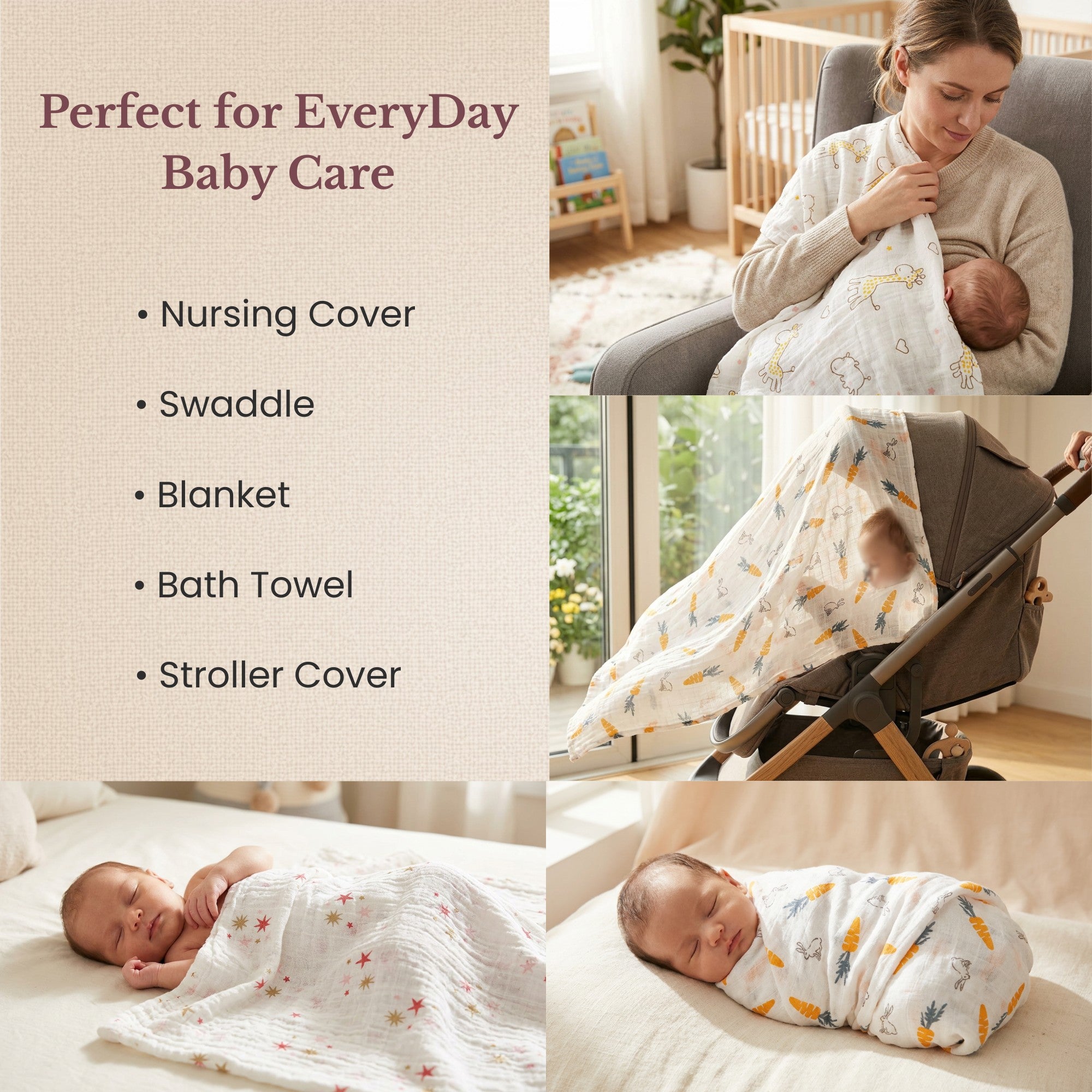 LuvlyMama Bunny Meadow 100% Cotton Muslin Swaddle – 110 × 120 cm