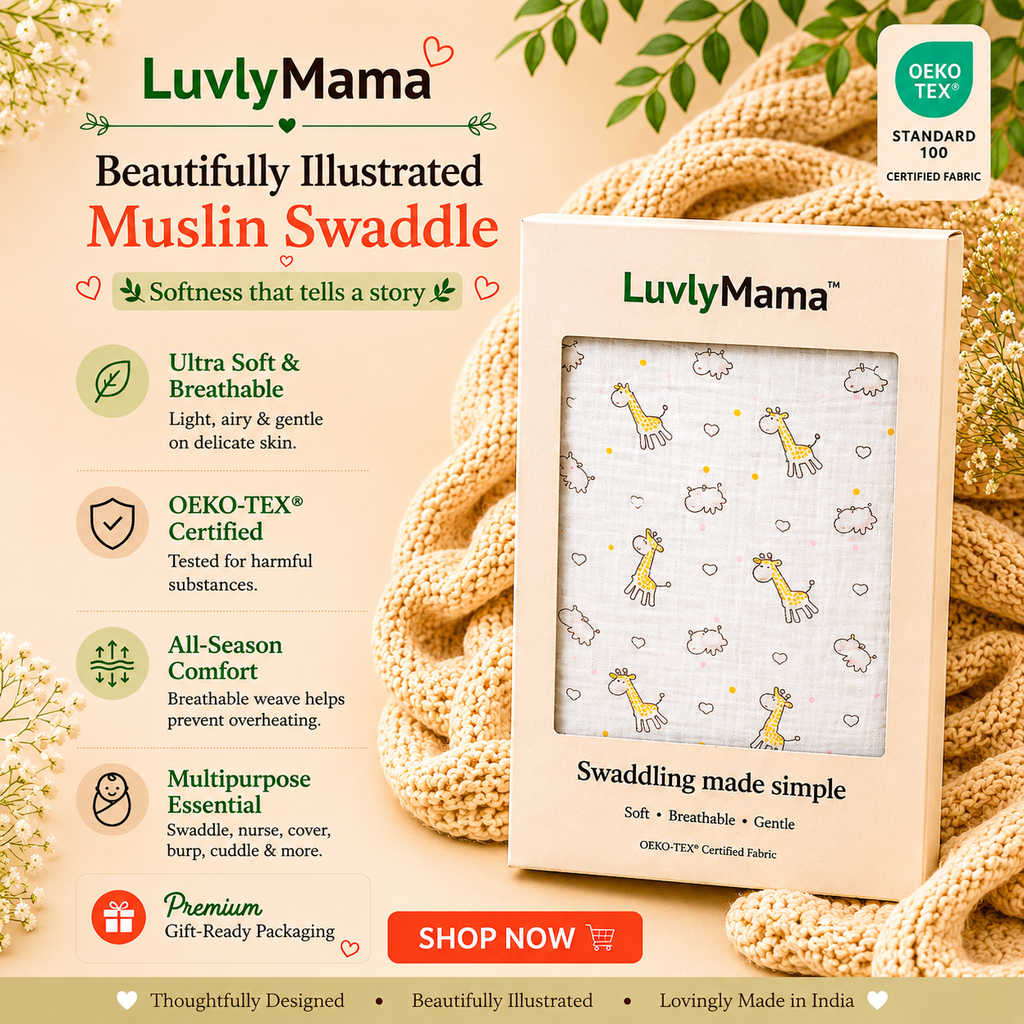 LuvlyMama Sunny Giraffe 100% Cotton Muslin Swaddle – 110 × 120 cm