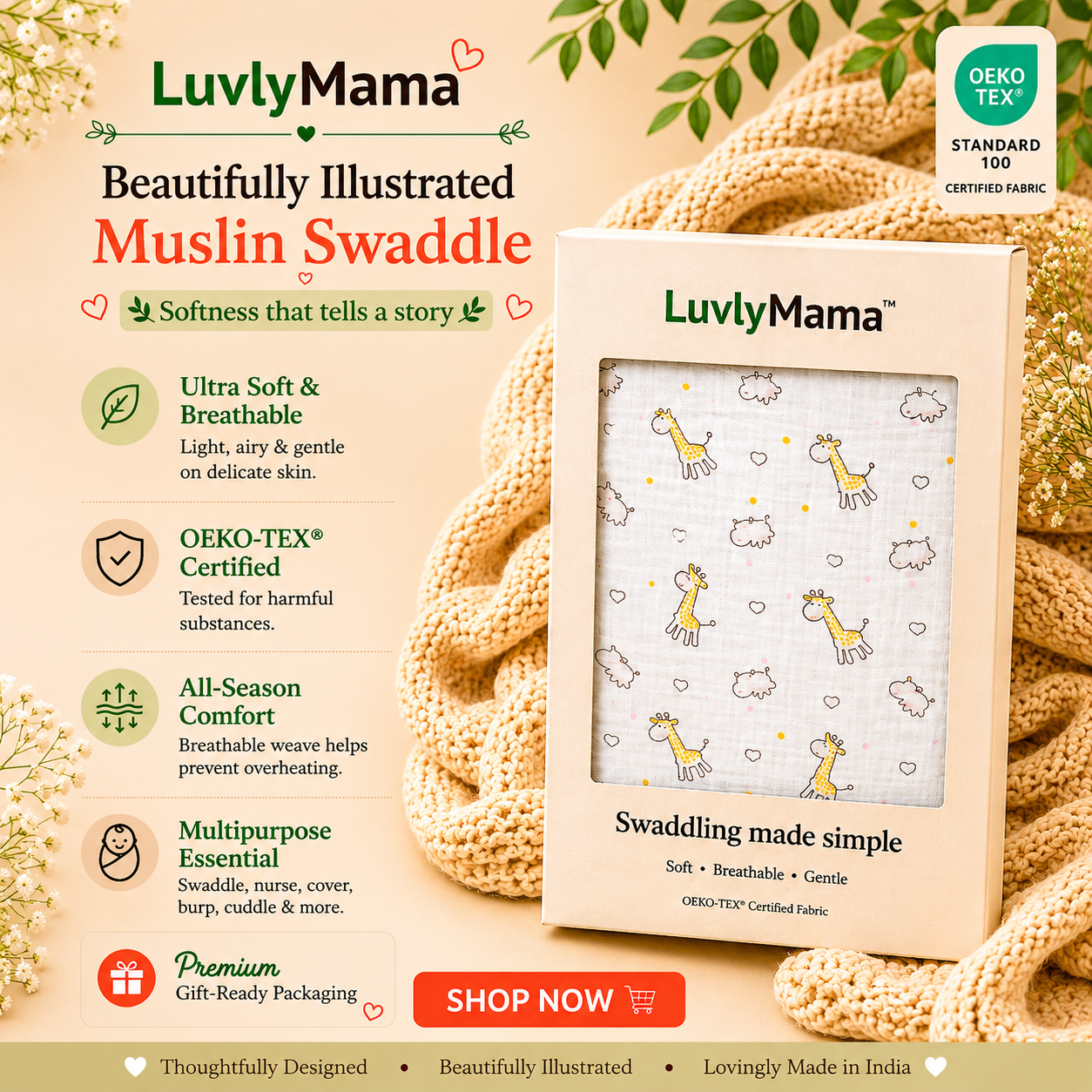 LuvlyMama Sunny Giraffe 100% Cotton Muslin Swaddle – 110 × 120 cm