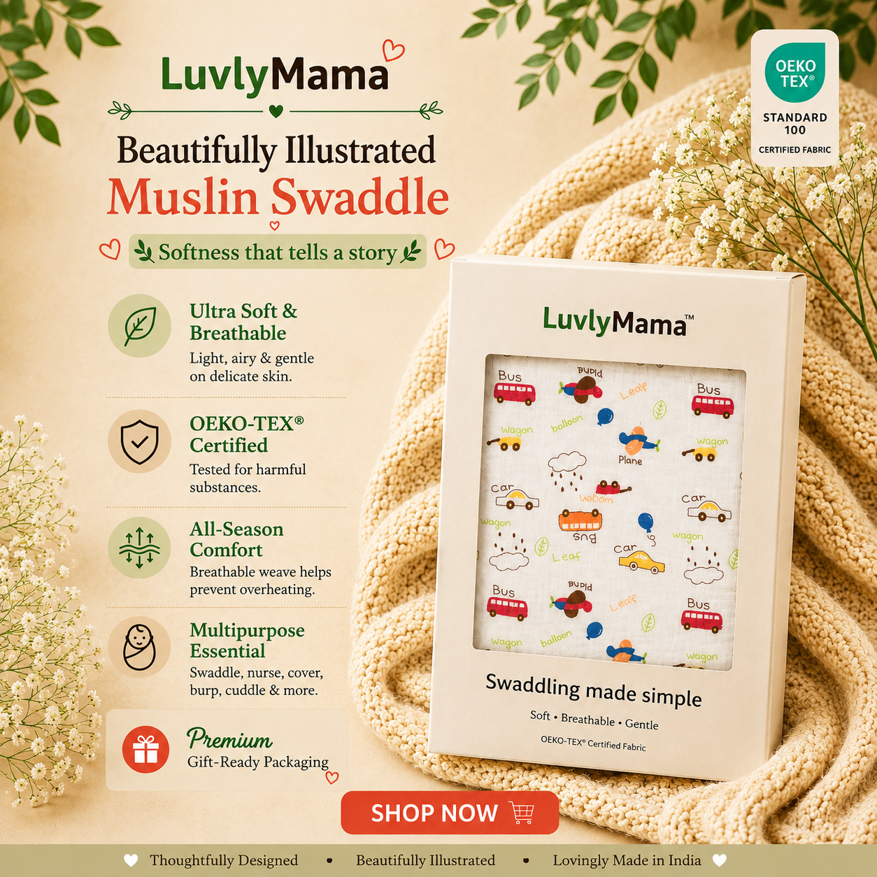 Luvlymama Little Explorer 100% Cotton Muslin Swaddle – 110 × 120 cm