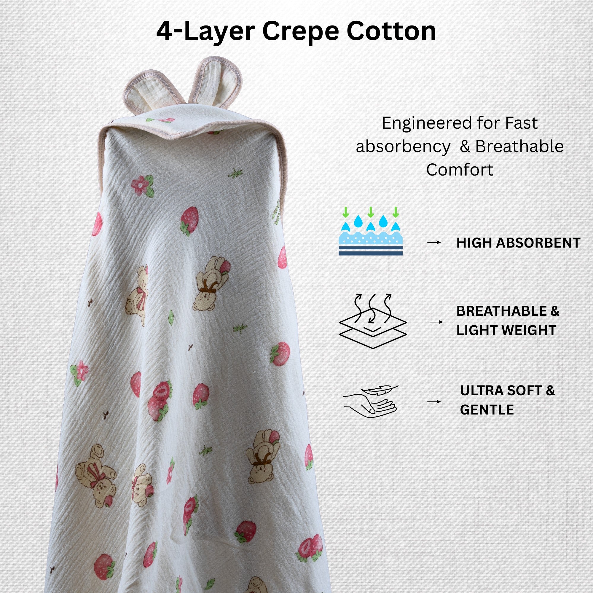 Berry Bear | 4-Layer Baby Hooded Towel (100% Cotton) | 90 × 90 cm
